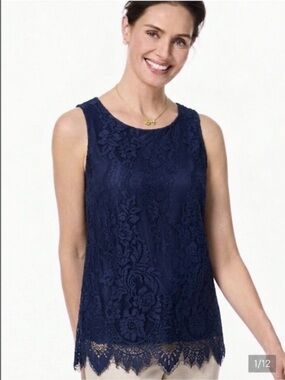 Apt. 9 Tunic Top Lace Navy Blue Sleeveless Round Neck M Quiet Luxury